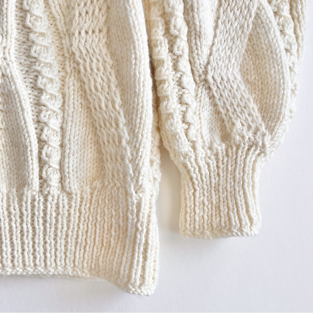 Hand Knit Wool Ivory Chunky Cable Knit Oversized Sweater - Picture 4 of 5